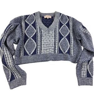 Willow & Wind Size L Cable Knit V-Neck Cropped Sweater Blue Gray 1363-